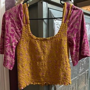 ❤️Valentine- Free People mustard and Pink Smocked Women's Top